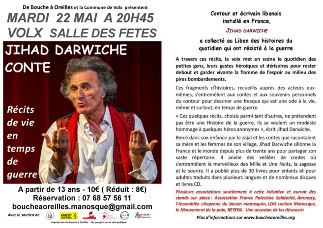 Le conteur Jihad Darwiche à Volx le mardi 22 mai Le conteur Jihad Darwiche à Volx le mardi 22 mai