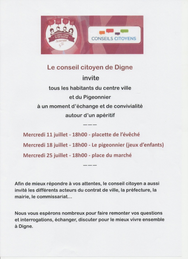 Echanges autour d'un verre de partage pour le conseil citoyen de la ville de Digne-les-Bains Echanges autour d'un verre de partage pour le conseil citoyen de la ville de Digne-les-Bains