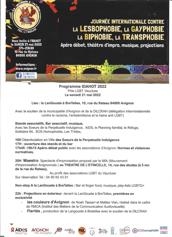 Venez fêter l'IDAHOT ce samedi 21 mai à La Langouste à Bretelles, le Centre LGBTQIA+ d'Avignon ! Venez fêter l'IDAHOT ce samedi 21 mai à La Langouste à Bretelles, le Centre LGBTQIA+ d'Avignon !