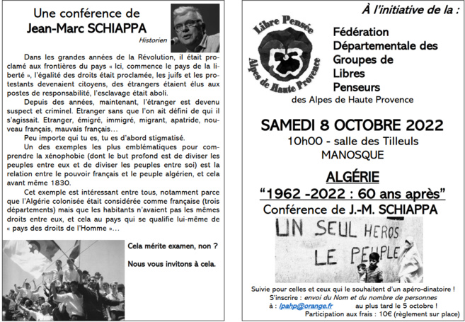"Algérie, 1962-2022: 60 ans après" une conférence à Manosque "Algérie, 1962-2022: 60 ans après" une conférence à Manosque