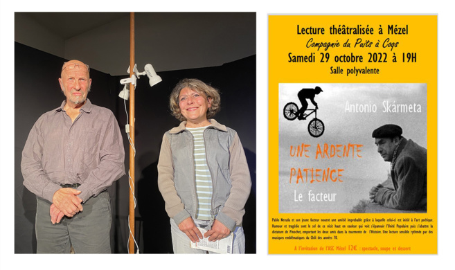 "Une ardente patience" d'Antonio Skármeta en lecture théâtralisée à Mézel "Une ardente patience" d'Antonio Skármeta en lecture théâtralisée à Mézel