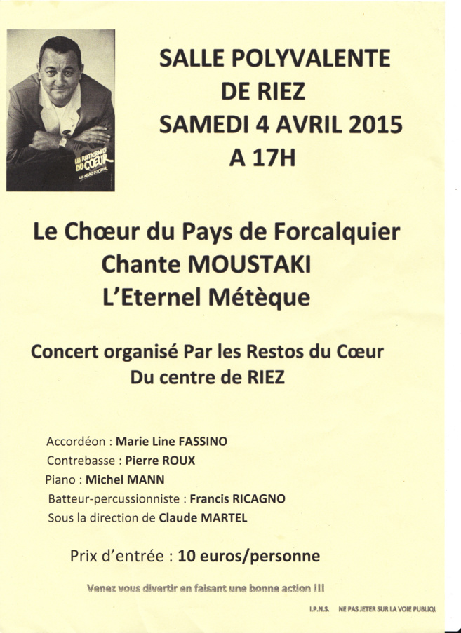 Concert de soutien aux « Restos du Cœur » de Riez par le chœur du pays de Forcalquier Concert de soutien aux « Restos du Cœur » de Riez par le chœur du pays de Forcalquier