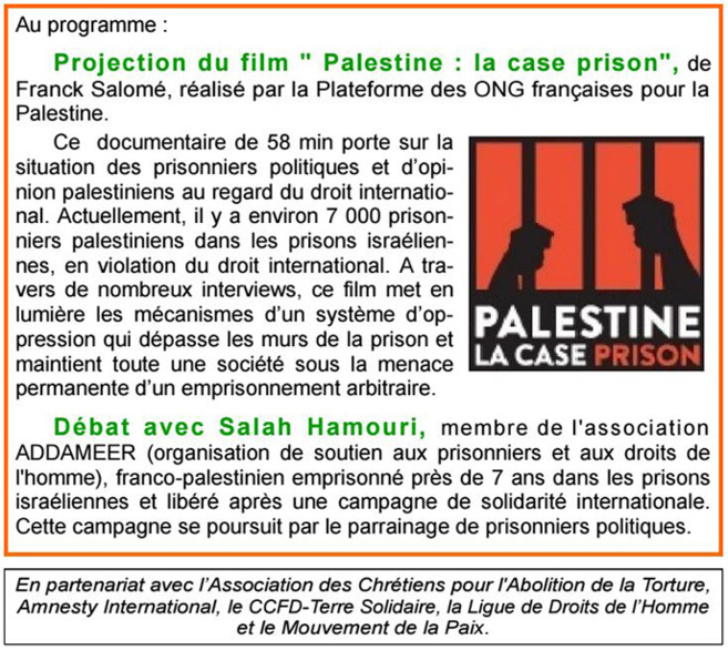 L’AFPS 04 évoque le sort des milliers de prisonniers palestiniens en Israël. L’AFPS 04 évoque le sort des milliers de prisonniers palestiniens en Israël.