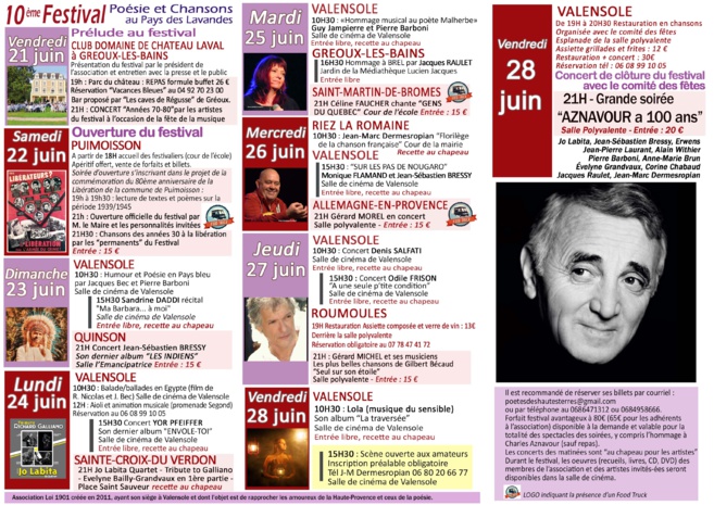 La 10ème édition du Festival Poésie et chansons au Pays des Lavandes vous attend ! La 10ème édition du Festival Poésie et chansons au Pays des Lavandes vous attend !