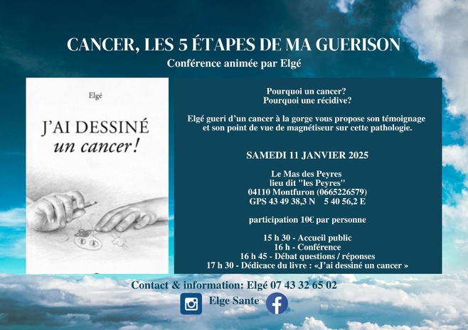 11/01/2025 - Conférence « cancer, les 5 étapes de ma guérison » Mas des Peyres - Montfuron 11/01/2025 - Conférence « cancer, les 5 étapes de ma guérison » Mas des Peyres - Montfuron
