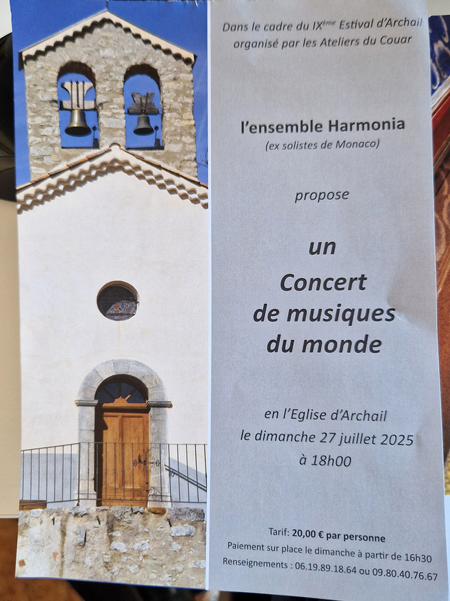 L'ensemble Harmonia en concert à l'église de la Javie le 26 Juillet et à l'église d'Archail dimanche 27 juillet 2025. L'ensemble Harmonia en concert à l'église de la Javie le 26 Juillet et à l'église d'Archail dimanche 27 juillet 2025.