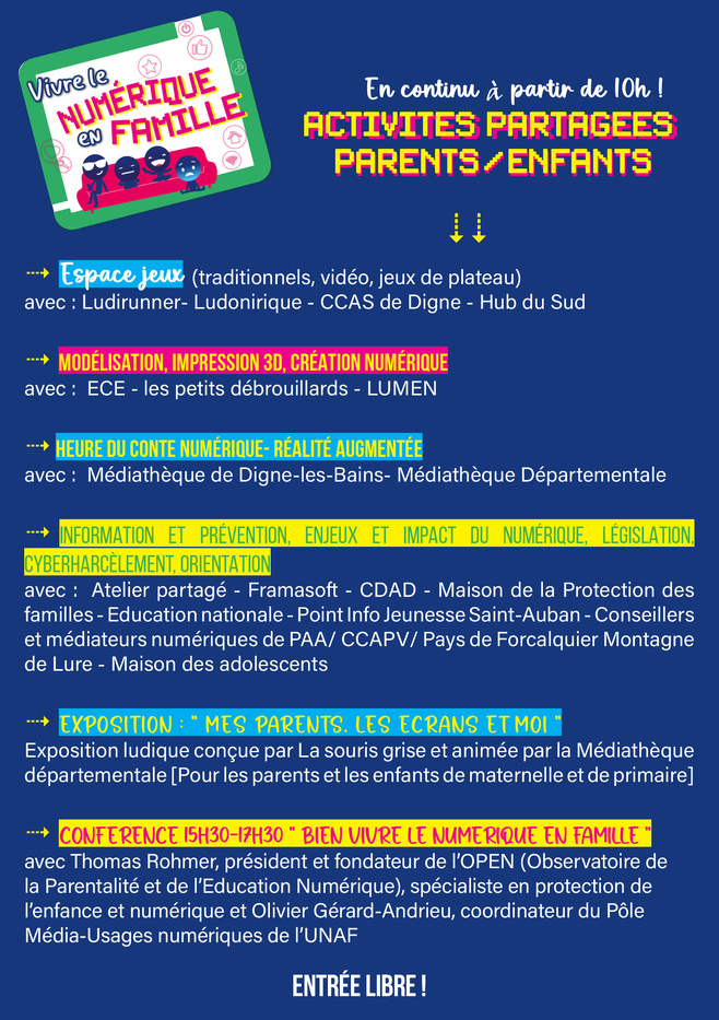 Une journée gratuite et ouverte à tous pour bien vivre le numérique à Digne les Bains ! Une journée gratuite et ouverte à tous pour bien vivre le numérique à Digne les Bains !