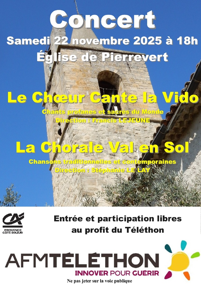 concert au profit du téléthon samedi 22 novembre à pierrevert
