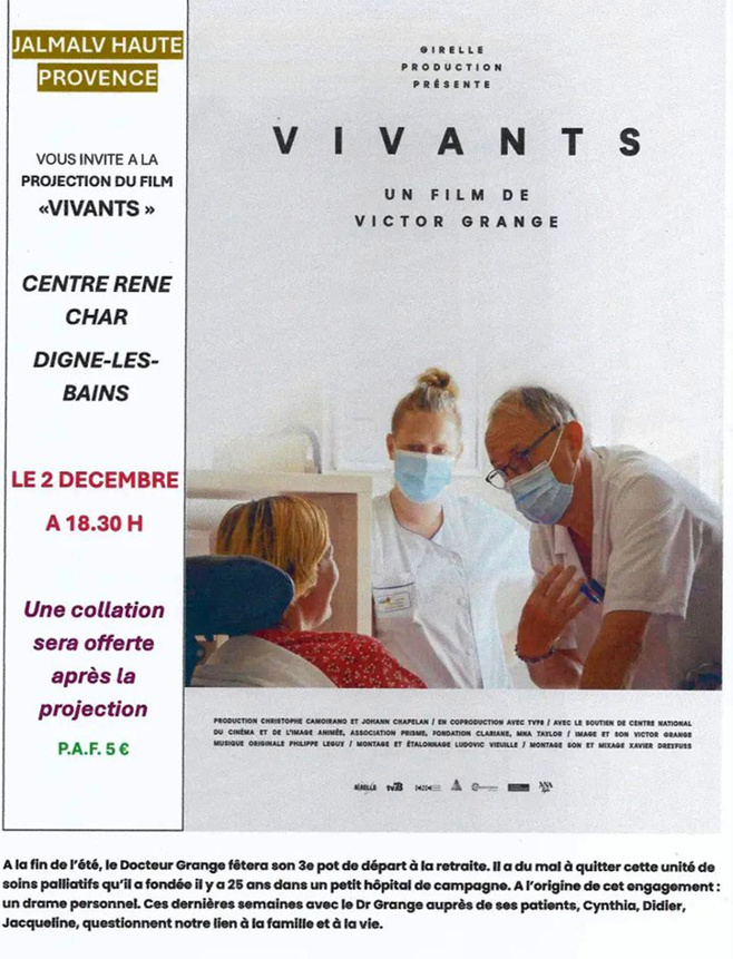 "Vivants" : un film documentaire sur la fin de vie Mardi 2 décembre 2025 au Centre culturel René Char. "Vivants" : un film documentaire sur la fin de vie Mardi 2 décembre 2025 au Centre culturel René Char.