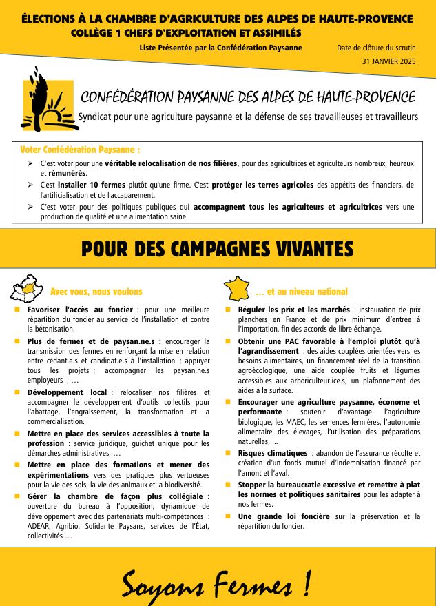 Jusqu'au 31 janvier 2025, la confédération Paysanne appelle à voter pour les élections professionnelles de la chambre d'agriculture !